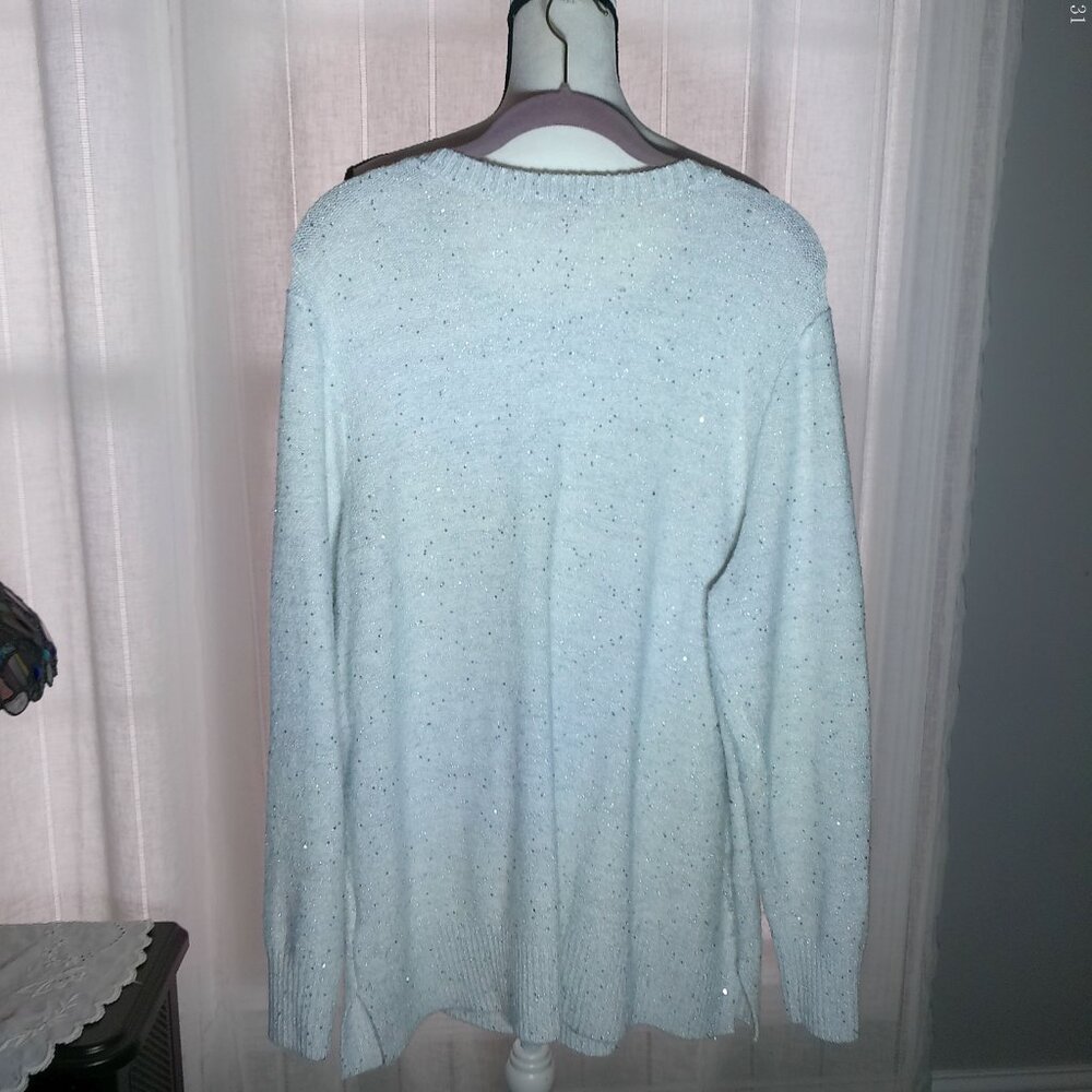JINGLE BELLES by Kim Gravel Lg Sleeve Scoop Neck Silver Sparkle Cable Sweater XL - Picture 3 of 8